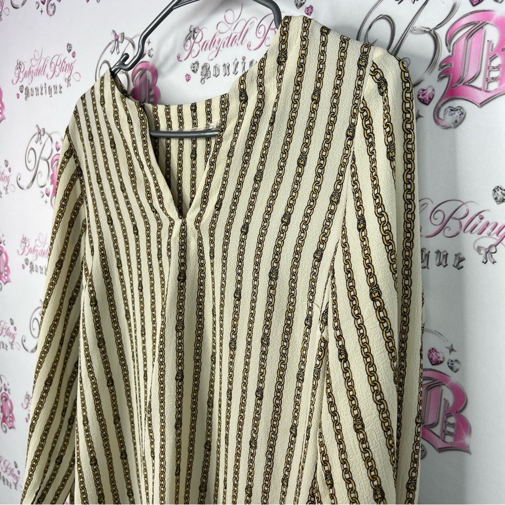 Michael Kors blouse chain link chains lockets Beige and Brown Striped Blouse - Picture 3 of 8